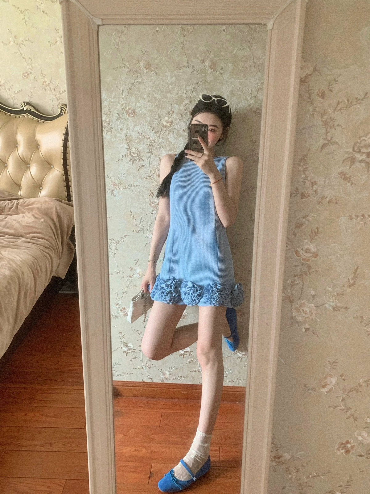 French style blue Chanel style vest dress beautiful loose A-line short skirt R0868