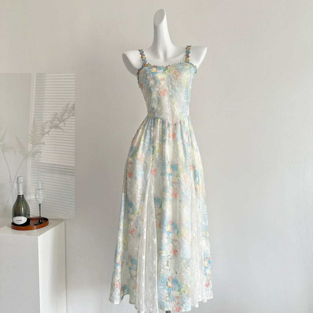 Monet Garden French suspenders floral summer new long skirt travel clothes R2117
