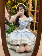 Sweet design sweetheart lolita dress bride bow waist slim flying sleeves puffy princess dress R1680