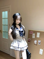 Lolita girl college style pure desire hot girl suit navy collar top skirt bow short two-piece suit R1679
