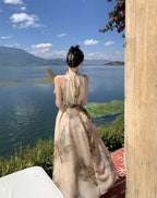 Retro high-end backless sexy halter neck dress waist temperament holiday long dress R1435