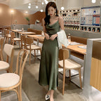 Green acetate satin silk suspender dress women's medium length 2025 new long skirt R1006