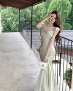Dress satin 2025 ruffled holiday fishtail pure desire banquet sling long dress R1446