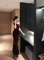Off-shoulder sleeveless dress velvet banquet temperament fishtail dress skirt R1448