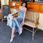 High-grade silk suspender dress for women, medium-length satin slim-fitting maxi dress R0981