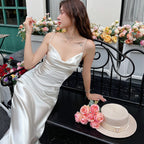 High-grade acetate silk satin white suspender dress mid-length bottoming skirt inner wear R0982