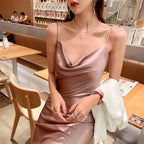 High-end acetate silk satin French suspender dress 2025 new style pink sway collar long dress R0989