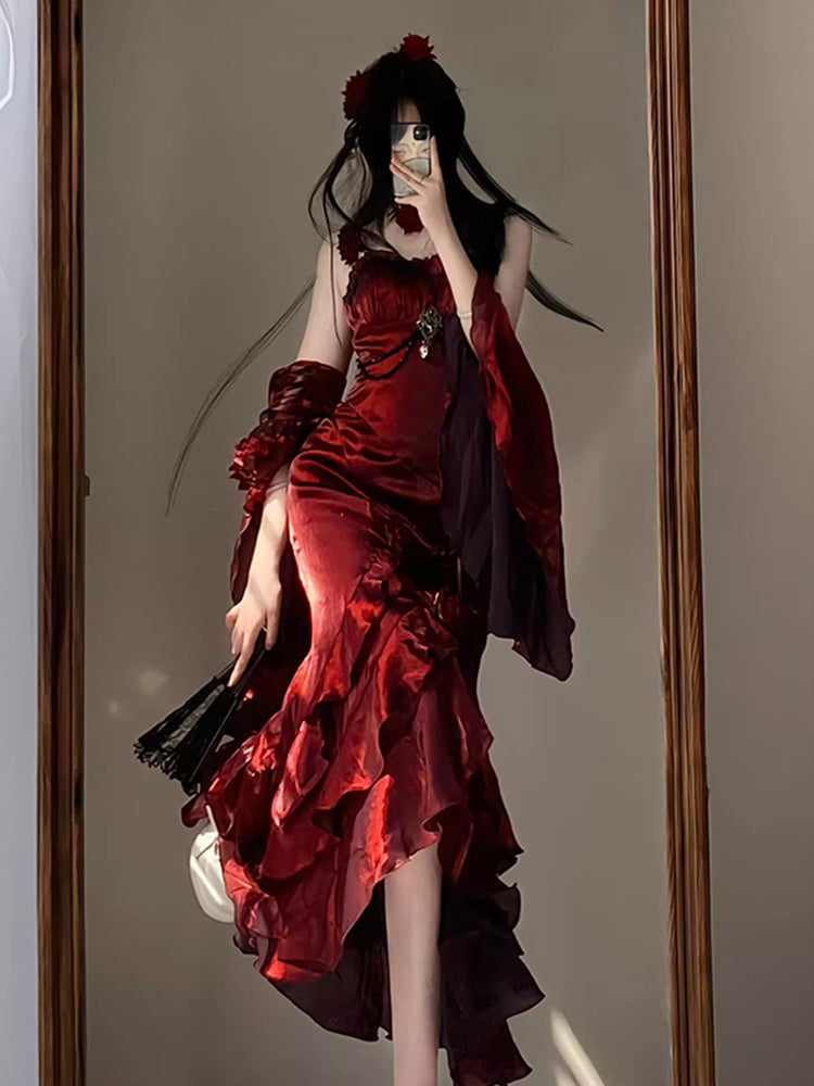 Red rose dress lolita fishtail skirt Lolita elegant goddess royal sister R1689