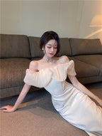 French style one shoulder dress slit gentle style banquet bridesmaid dress long skirt R1429