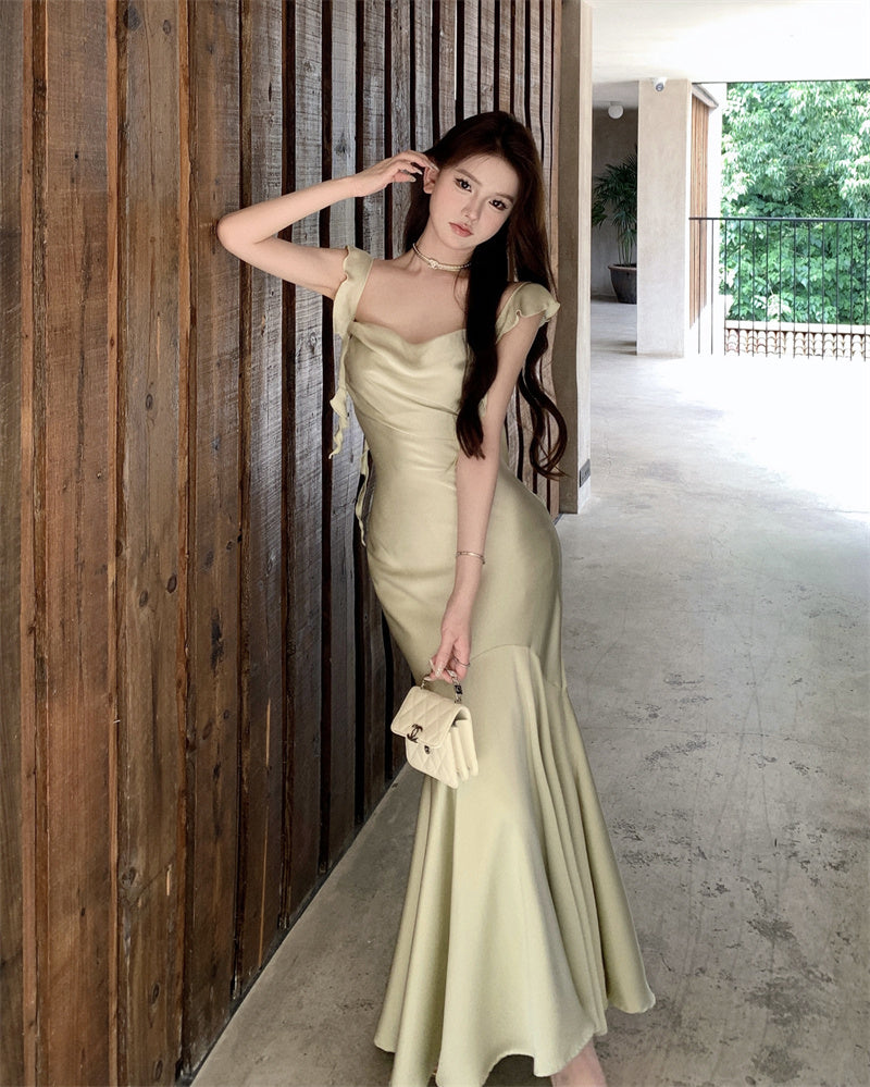 Dress satin 2025 ruffled holiday fishtail pure desire banquet sling long dress R1446