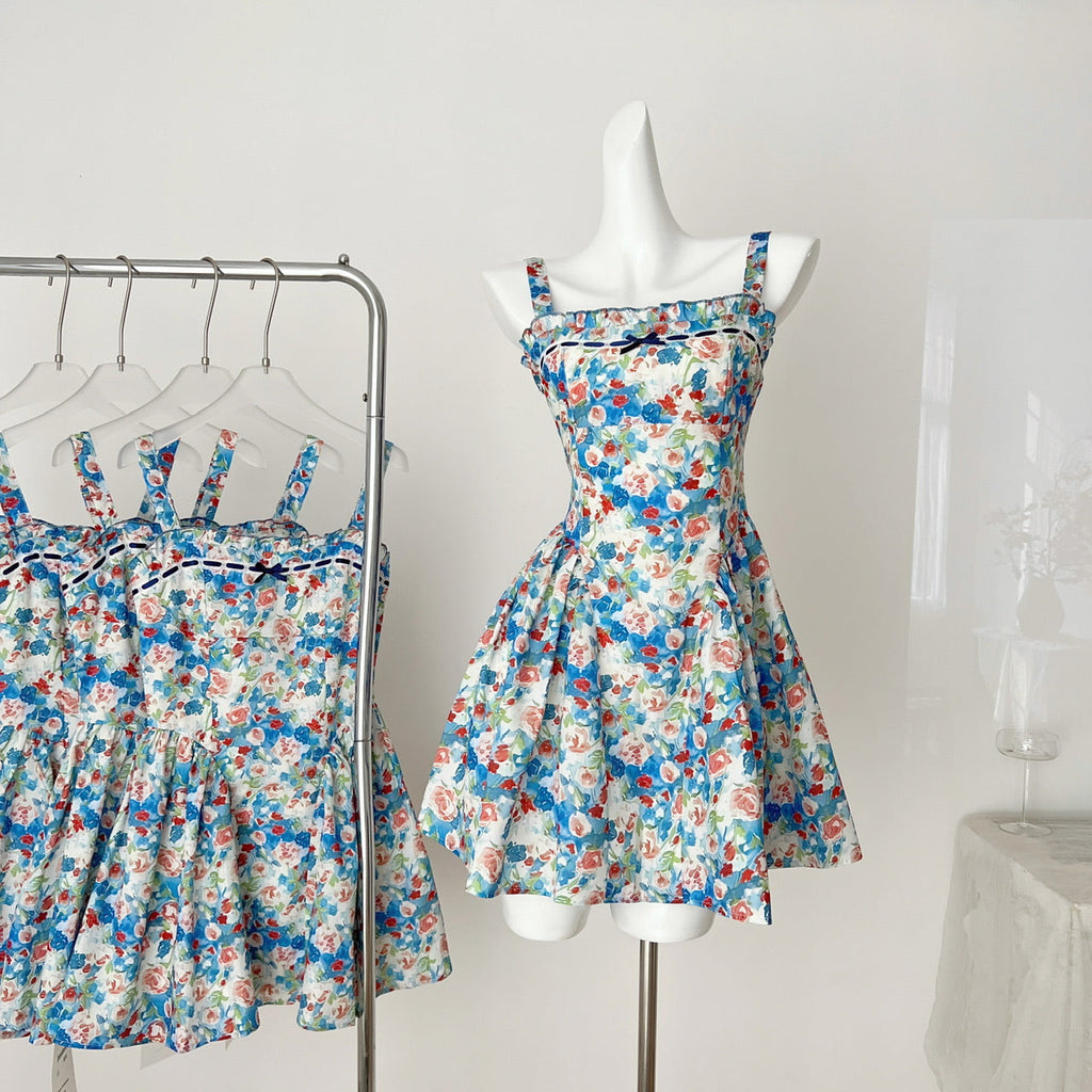 Rose print suspender dress 2025 summer new slim short skirt R2176
