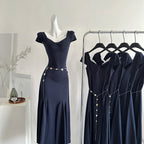 Short-sleeved square-neck dress summer 2025 new French waist slim long skirt R2180