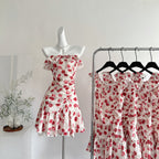 Holiday white retro red floral dress waist summer small flying sleeves dress R2174