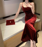 French suspender dress autumn wine red slim waist velvet hip fishtail Christmas dress R1439