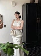 Satin white halter neck suspender dress sexy fishtail hip wrap gentle high-end long skirt R1468