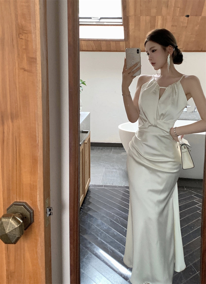 Satin white halter neck suspender dress sexy fishtail hip wrap gentle high-end long skirt R1468