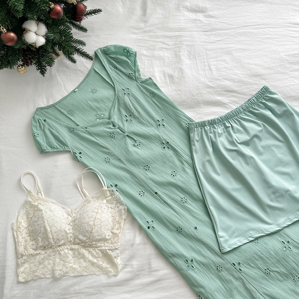 Light Mint Tea Break French Puff Sleeve Hollow First Love Fishtail Dress R2108