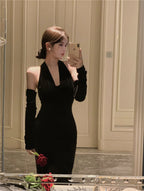 Retro halter neck velvet dress 2025 sexy temperament hip fishtail dress R1493
