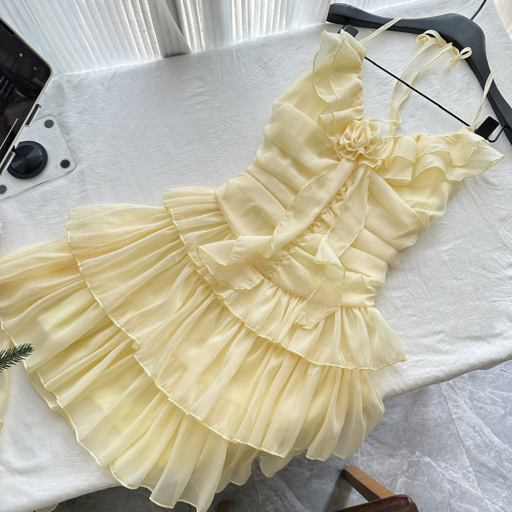French temperament ruffled sling dress summer new irregular chiffon cake skirt R2115