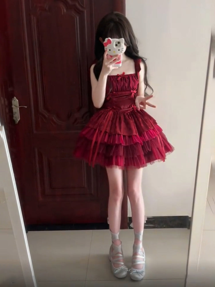 French Ball Gown Square Neckline Short Tulle Burgundy Lolita Dresses Party Dress Birthday Outfits