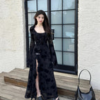 French Hepburn royal sister style dark rose sling slit dress waistcoat top long skirt two-piece suit R1659