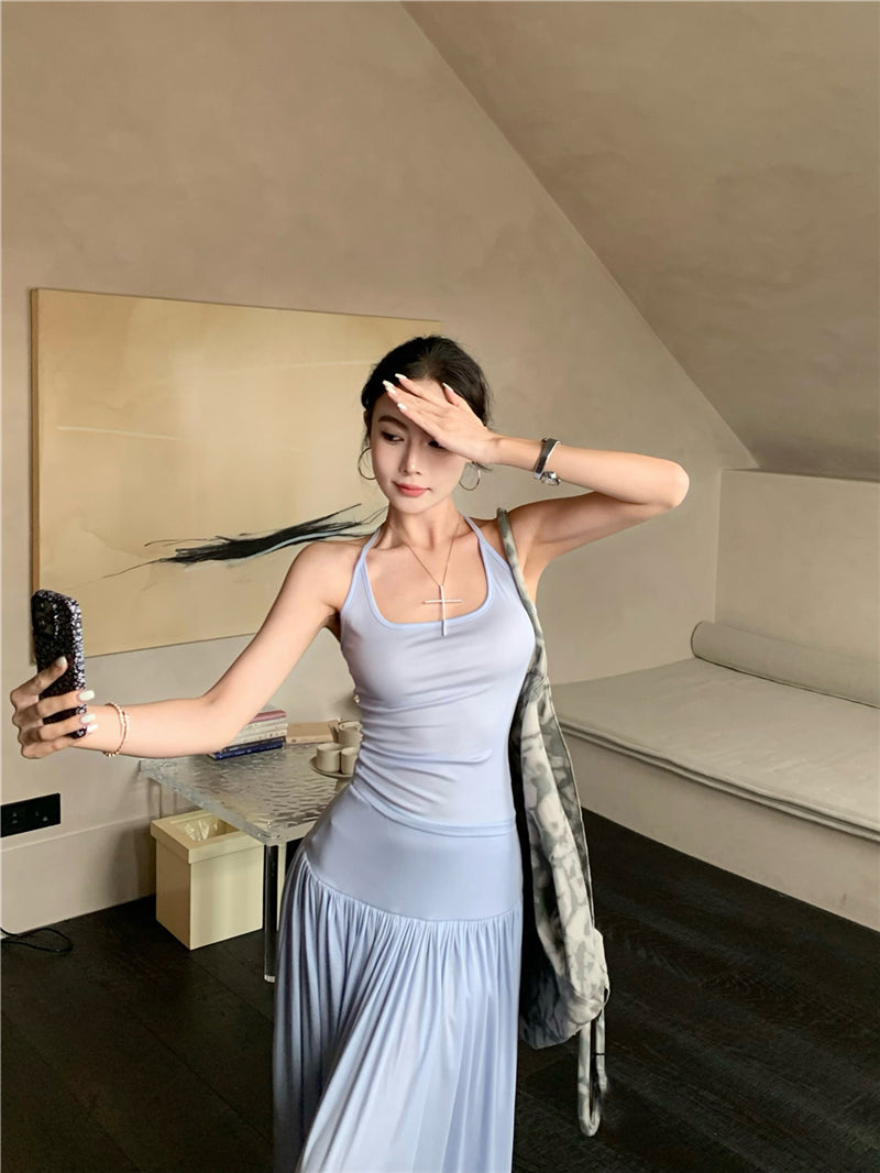 Vacation style outfit beautiful gentle style halter neck vest a-line skirt two-piece suit R0863