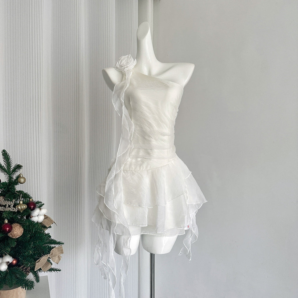 New White Off-shoulder Chiffon Dress Waist Short Fairy Cake Skirt with Flowers R1989
