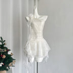 New White Off-shoulder Chiffon Dress Waist Short Fairy Cake Skirt with Flowers R1989