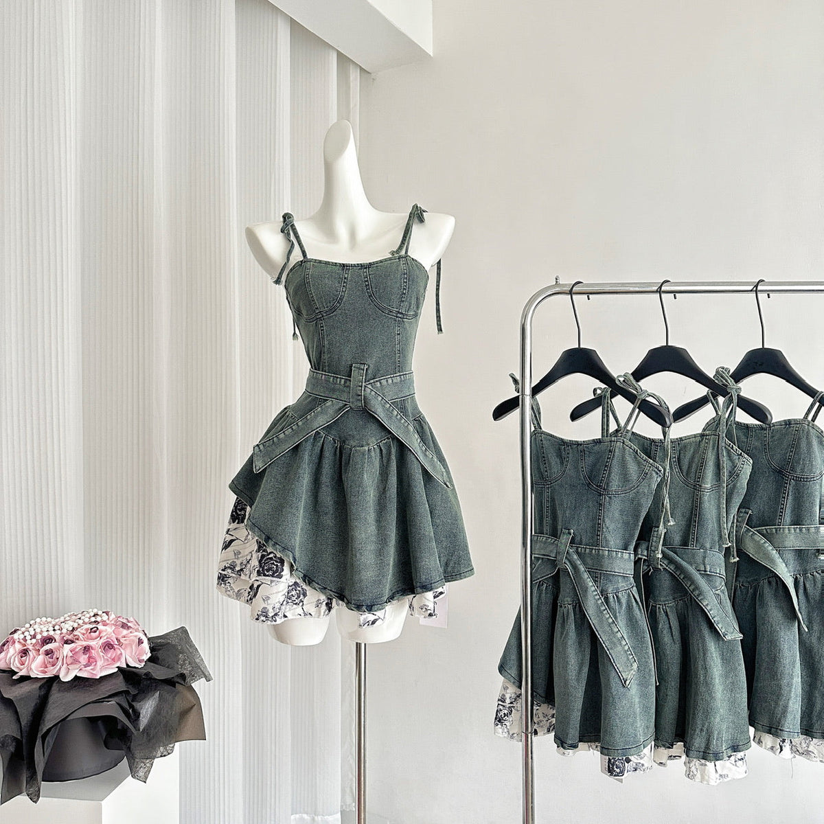 Rose denim dress 2025 new slim hot girl suspender skirt high-end R2070