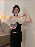 French style one shoulder dress slit gentle style banquet bridesmaid dress long skirt R1429