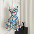 Rose print suspender dress 2025 summer new slim short skirt R2176