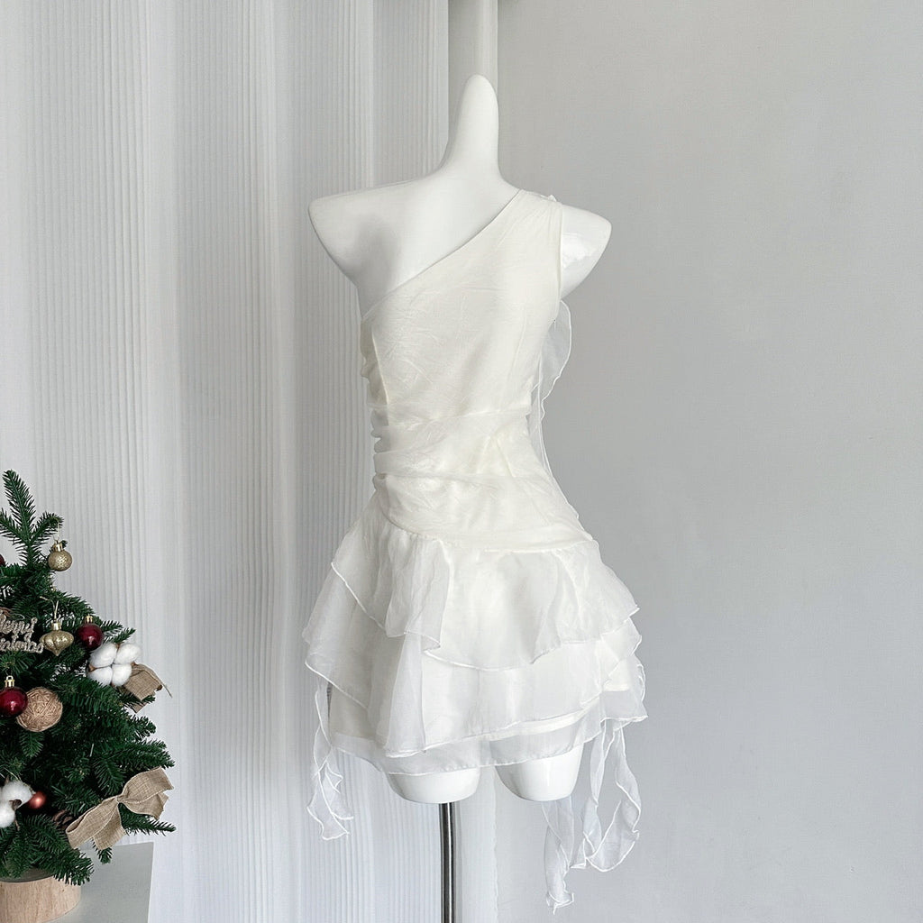 New White Off-shoulder Chiffon Dress Waist Short Fairy Cake Skirt with Flowers R1989