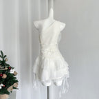 New White Off-shoulder Chiffon Dress Waist Short Fairy Cake Skirt with Flowers R1989