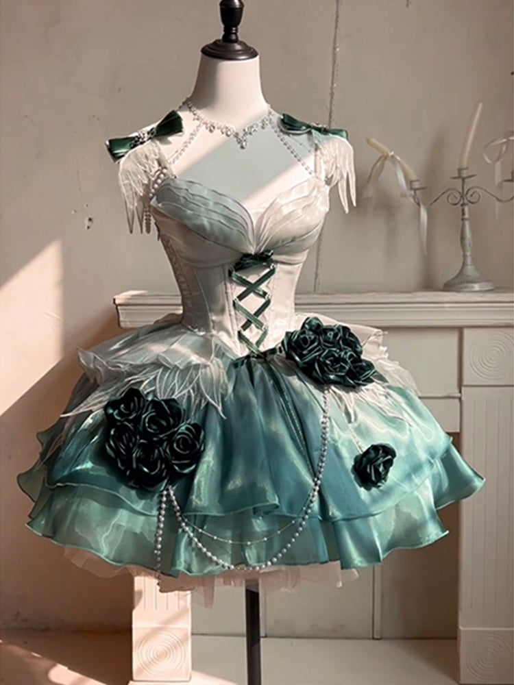 Elegant amber green short dress bride daughter birthday evening dress fluffy princess dress R1688