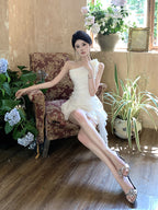 Birthday dress high-end party dress niche irregular chiffon off-shoulder dress R1806