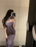 High-grade purple tube top dress, elegant and slim design, fake two-piece shawl pleated hip skirt R1485