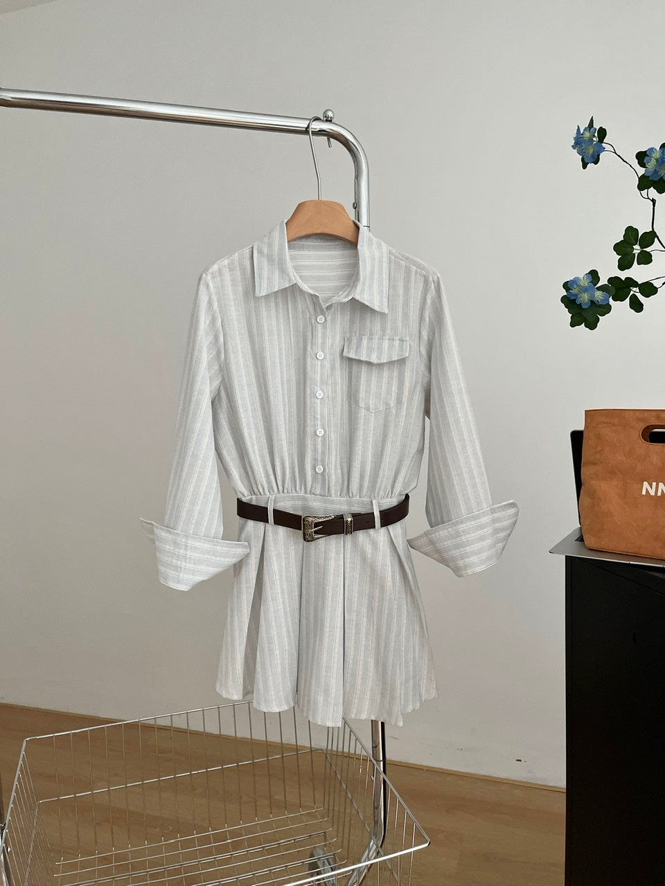 Old Money Style Long Sleeve Striped Shirt Dress R2092