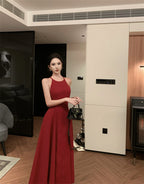 Burgundy halter neck dress French style suspender dress high-end dress R1454