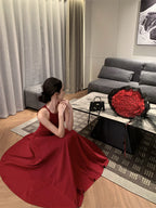 Burgundy halter neck dress French style suspender dress high-end dress R1454