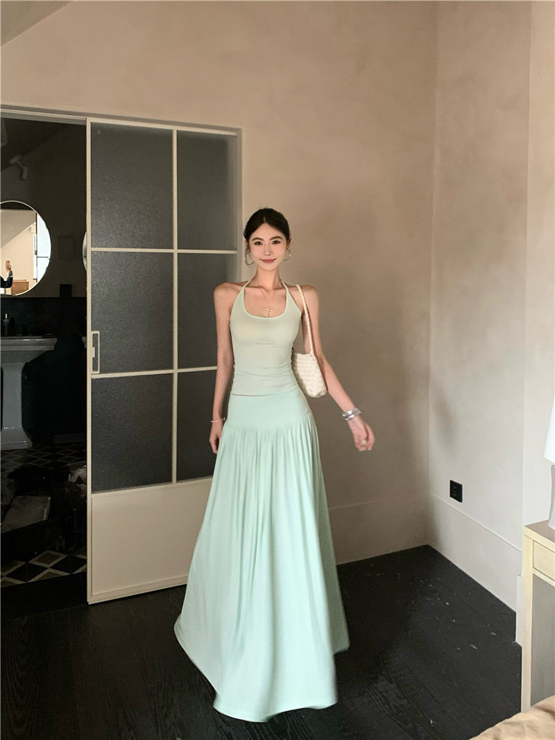 Vacation style outfit beautiful gentle style halter neck vest a-line skirt two-piece suit R0863
