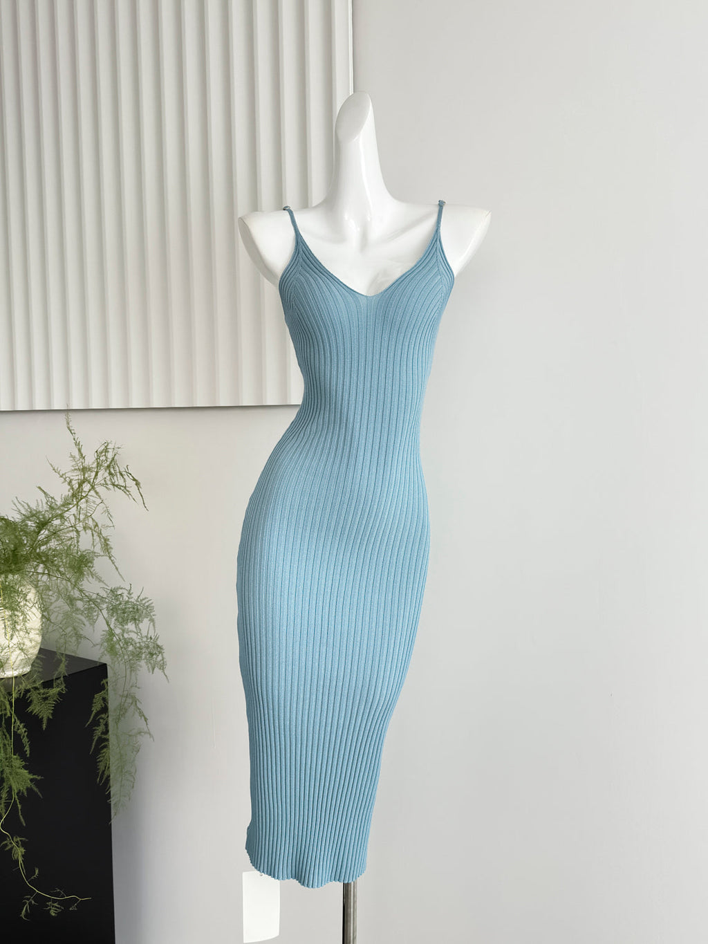 Misty blue pure slim long skirt suspenders knitted dress R2087