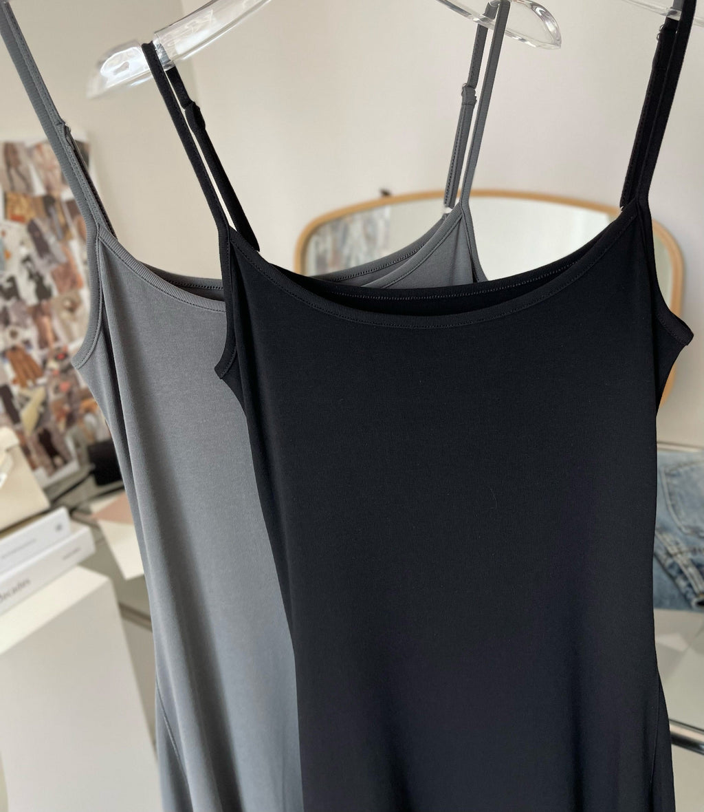 Black and gray simple waist slim U-neck temperament long suspender dress R2088