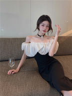 French style one shoulder dress slit gentle style banquet bridesmaid dress long skirt R1429
