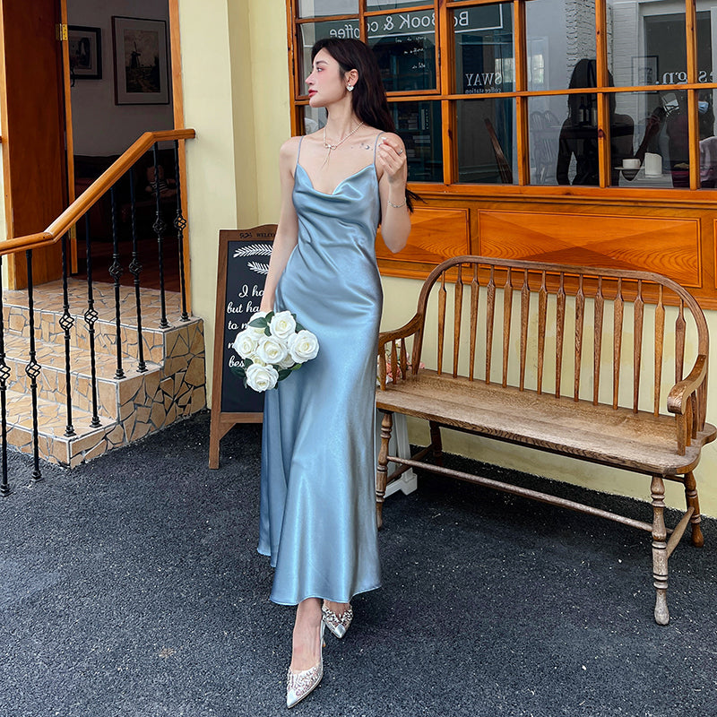 High-grade silk suspender dress for women, medium-length satin slim-fitting maxi dress R0981