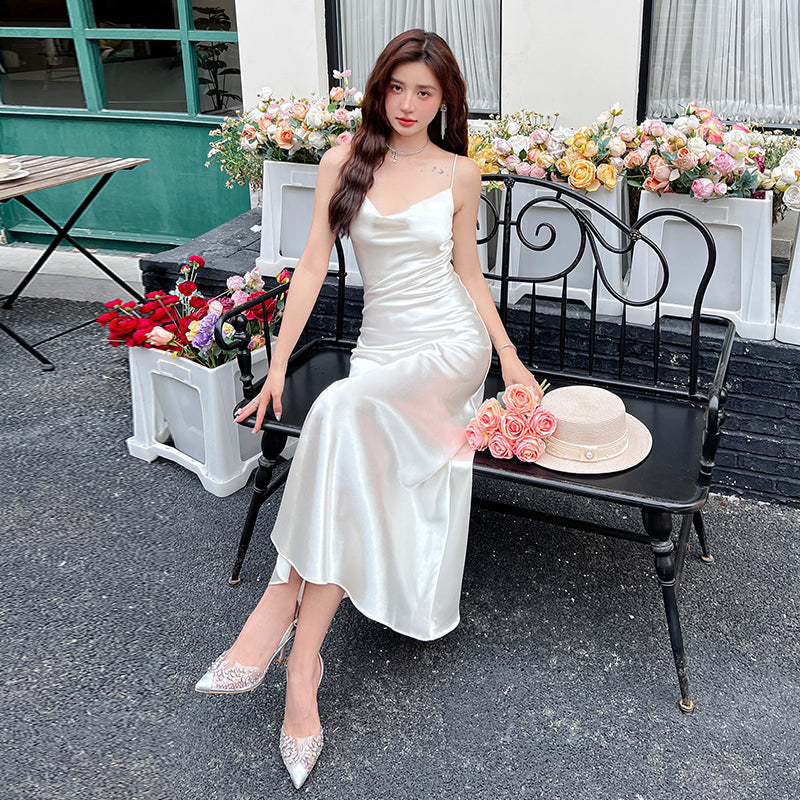 High-grade acetate silk satin white suspender dress mid-length bottoming skirt inner wear R0982