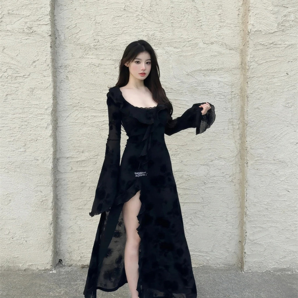 French Hepburn royal sister style dark rose sling slit dress waistcoat top long skirt two-piece suit R1659