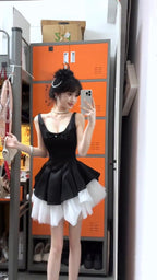 French black suspender dress retro temperament waist fluffy mesh dress R0885