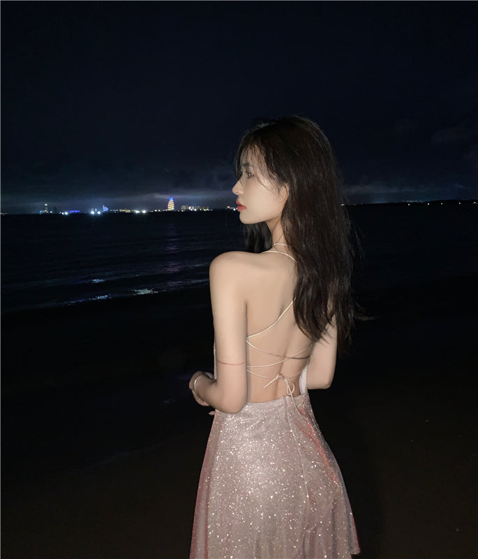 Beach vacation Sanya travel outfit sexy backless suspender beach dress R1455