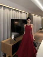Burgundy halter neck dress French style suspender dress high-end dress R1454