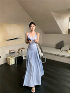 Vacation style outfit beautiful gentle style halter neck vest a-line skirt two-piece suit R0863